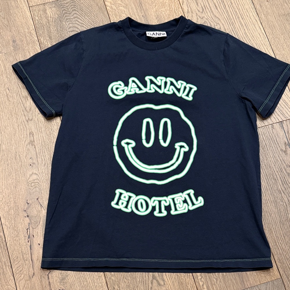 Ganni Black T-Shirt with Neon Green Smile Graphic